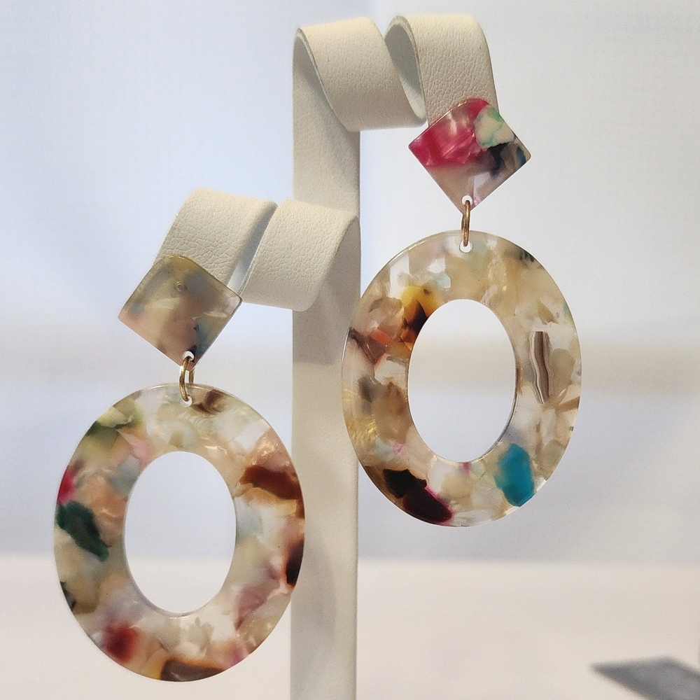 Resin Oval Dangle Earrings Tortoiseshell Style Multicolor Acrylic Statement